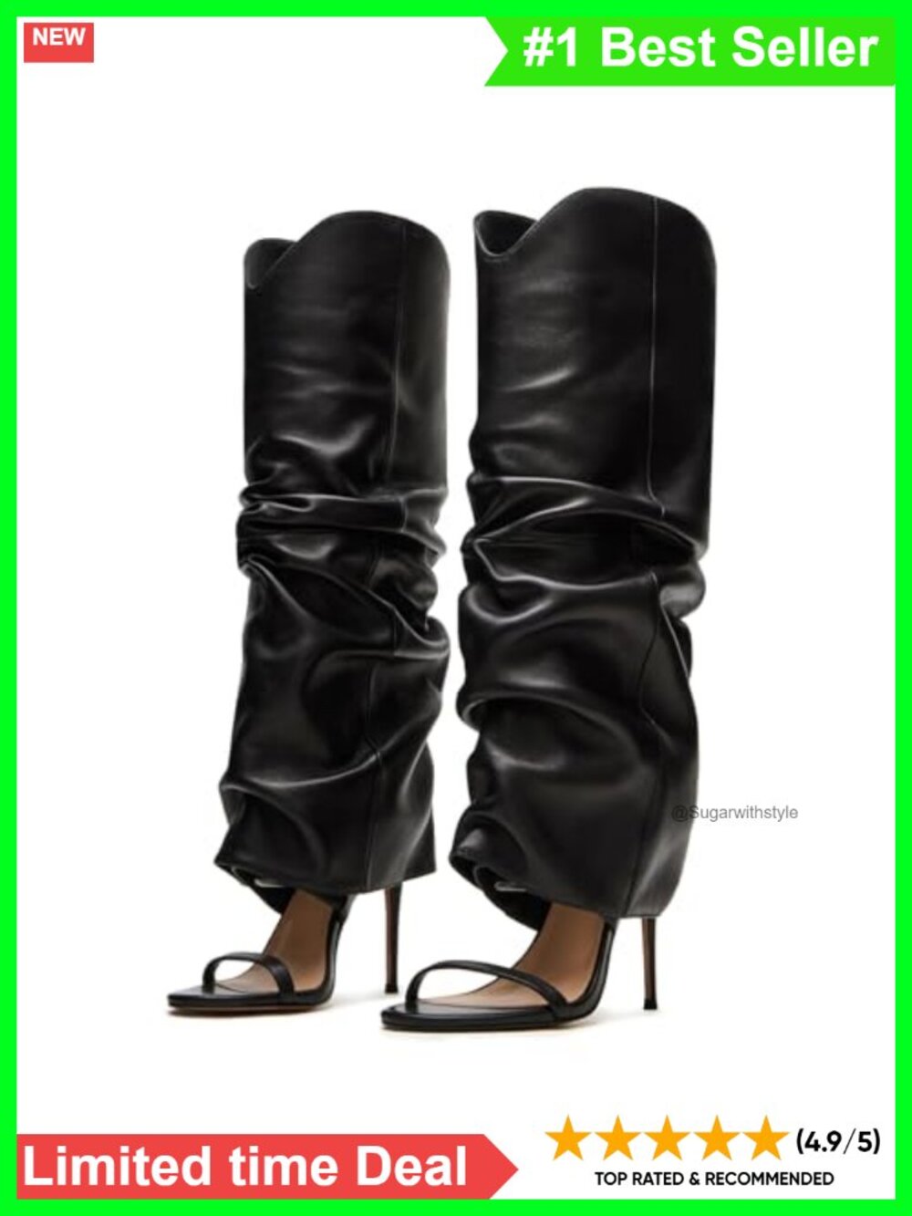 Slouched Ruched Knee High Heels Pull On Wide Calf Stiletto Sandals